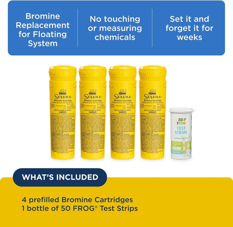 Frog Serene Replacement Bromine Cartridges for use with Hot Tub Serene Floating Sanitizing System with 50 Test Strips - Prefilled for Quick & Easy Hot Tub Maintenance - 4 Pack - Image 3